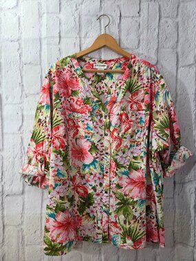 C.D.Daniels 3X Colorful Tropical Button Front Roll Tab Sleeve Linen Blend Blouse